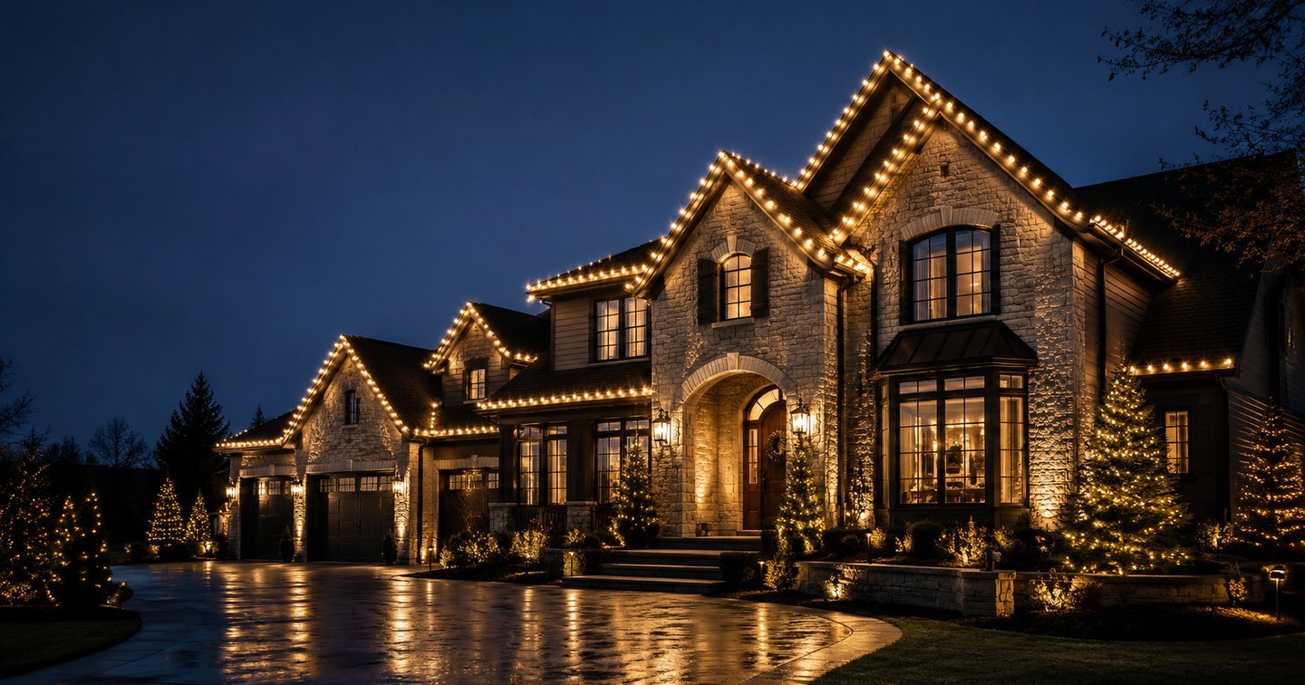 Stone home at night with warm white lights tracing every roofline, lit evergreens and a glowing entry